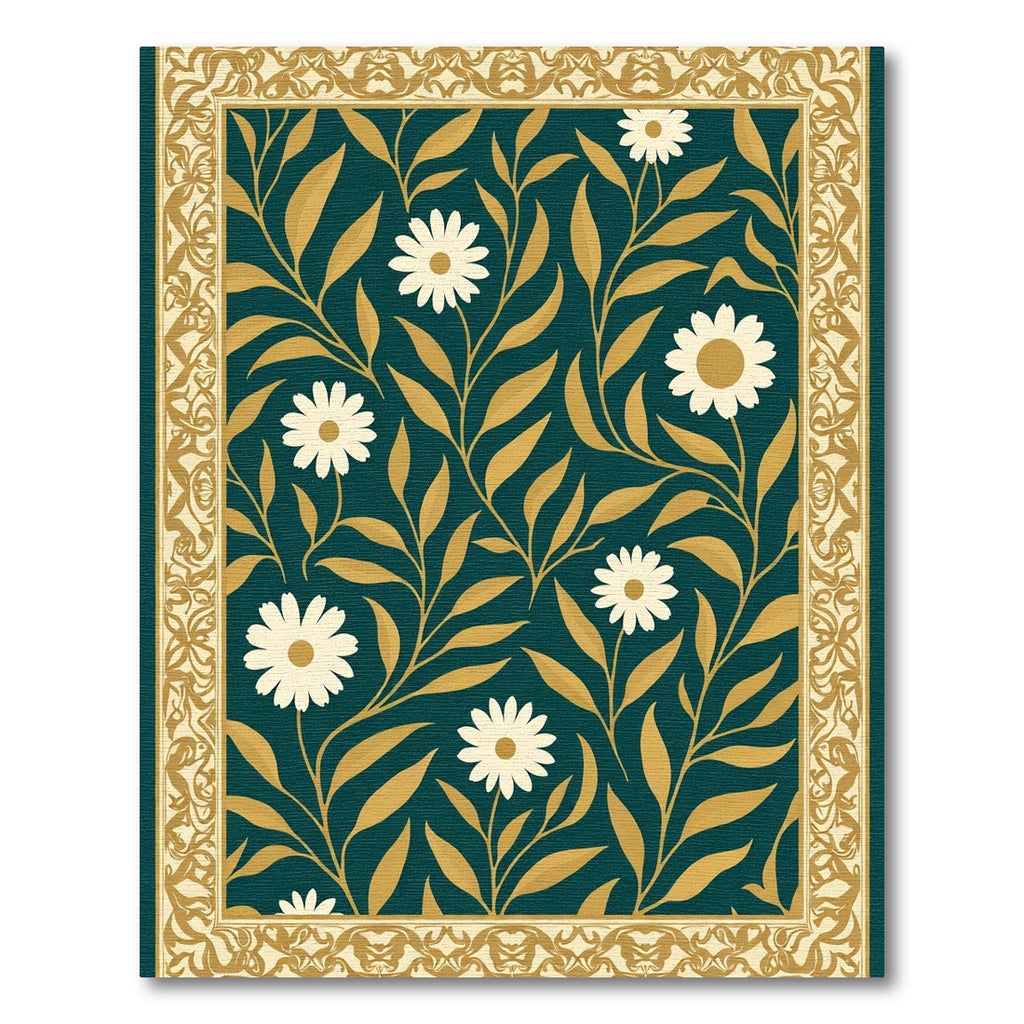 Dark Teal Daisy Vine Border Rug