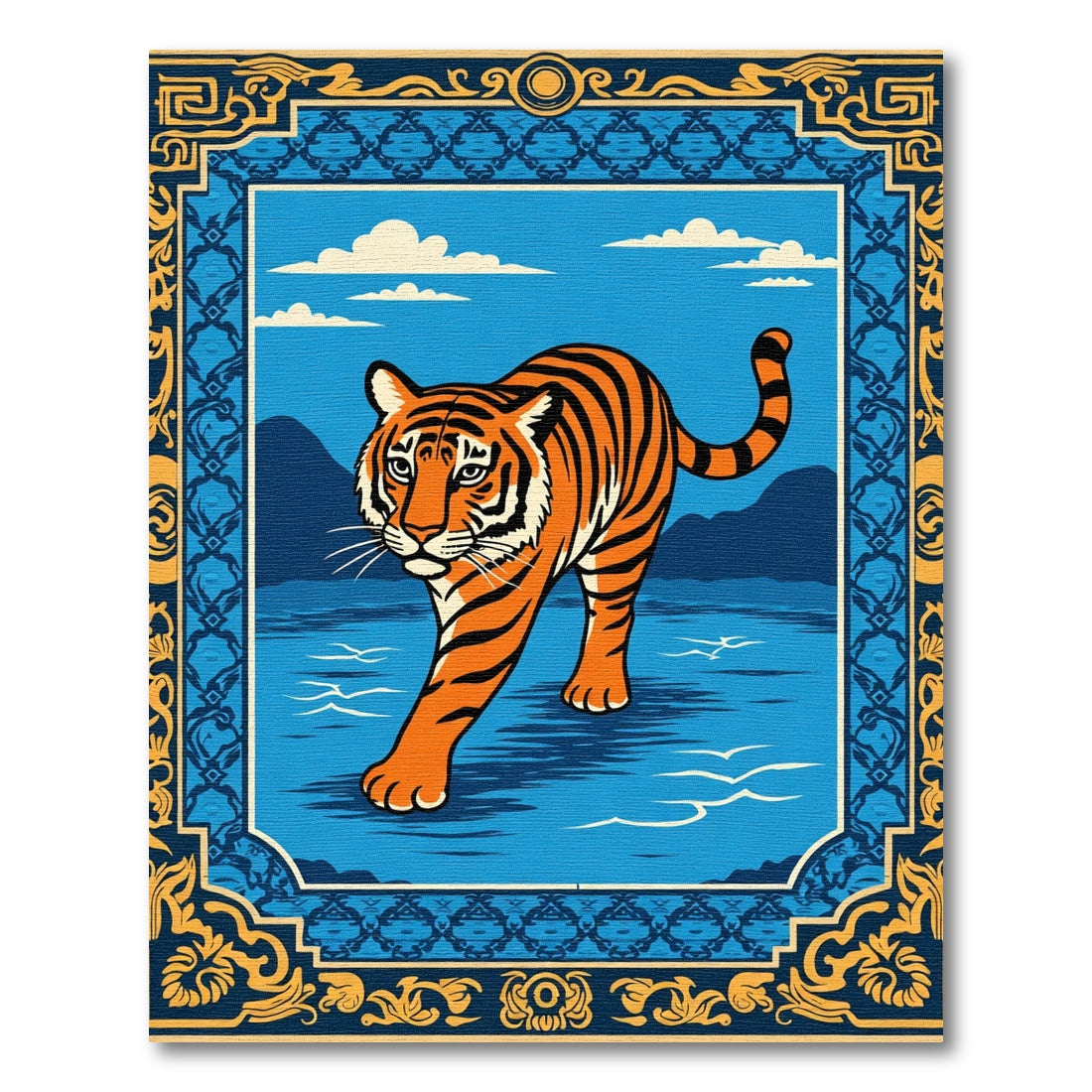 Bold Orange Tiger Blue Landscape Border Rug