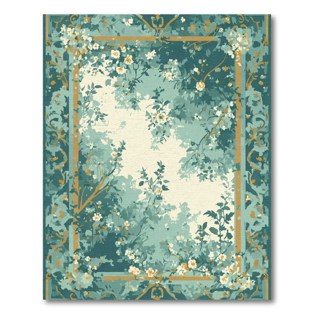 Teal and Gold Floral Botanical Rug