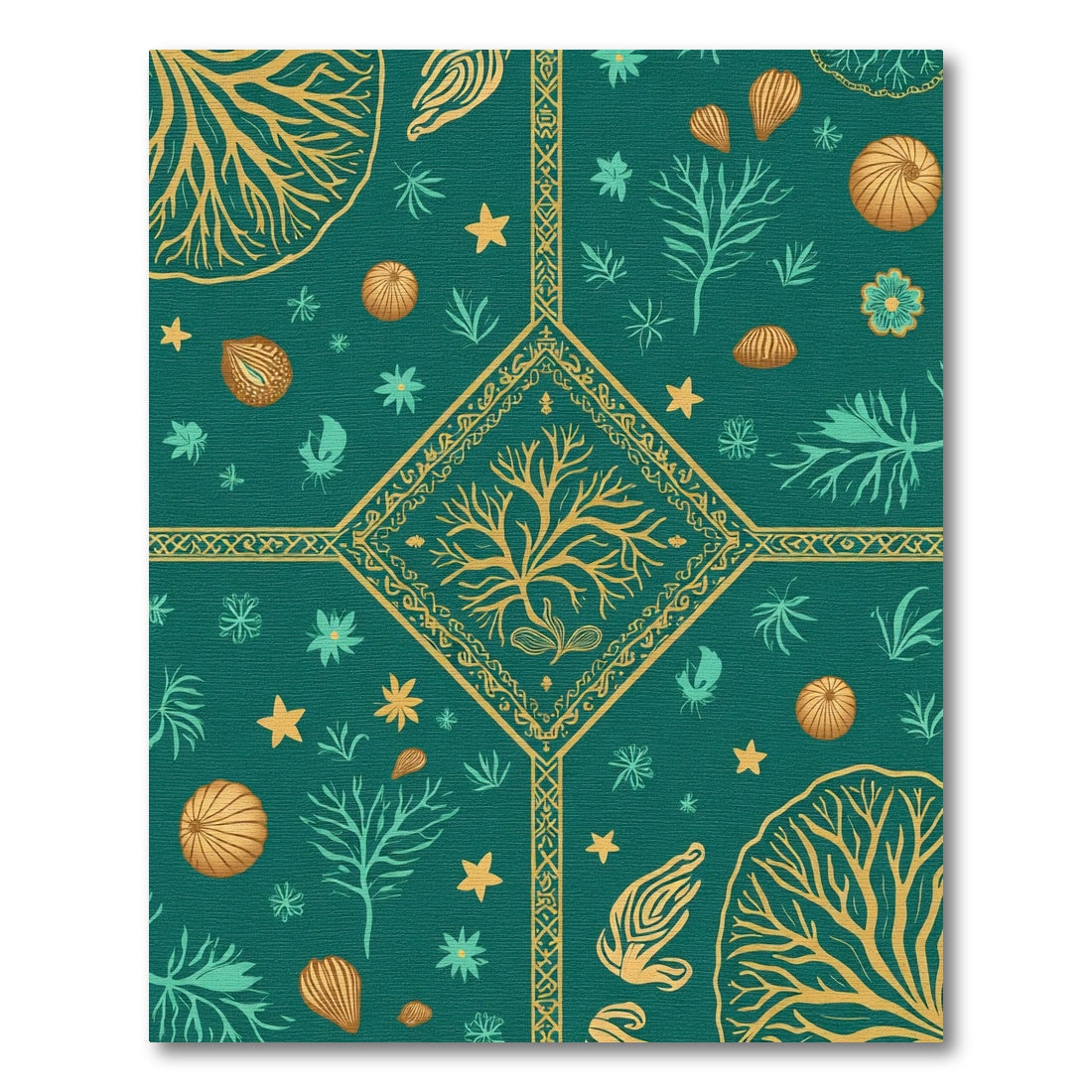 Teal and Gold Nautical Botanical Medallion Rug