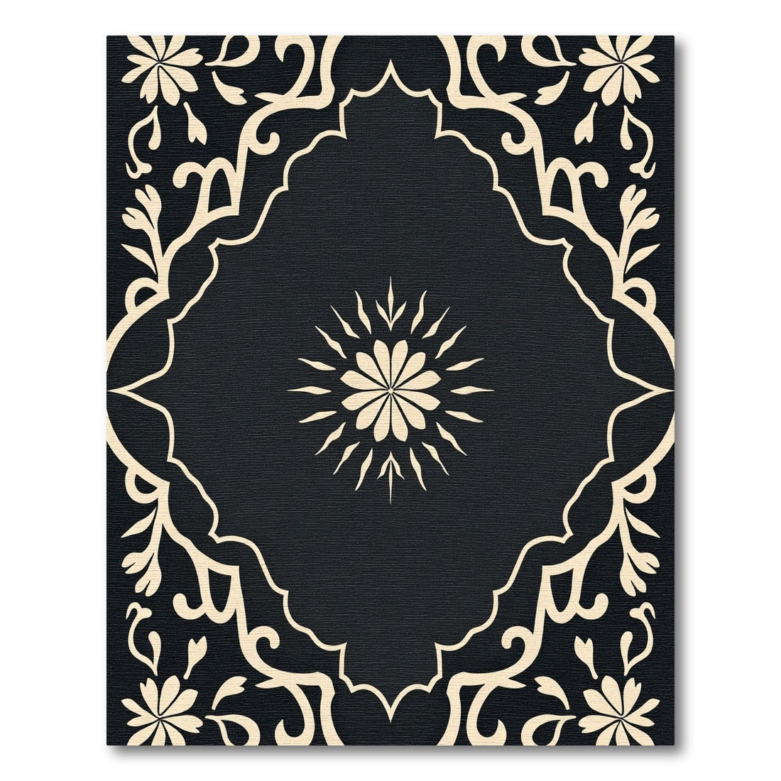 Black And Cream Floral Medallion Rug