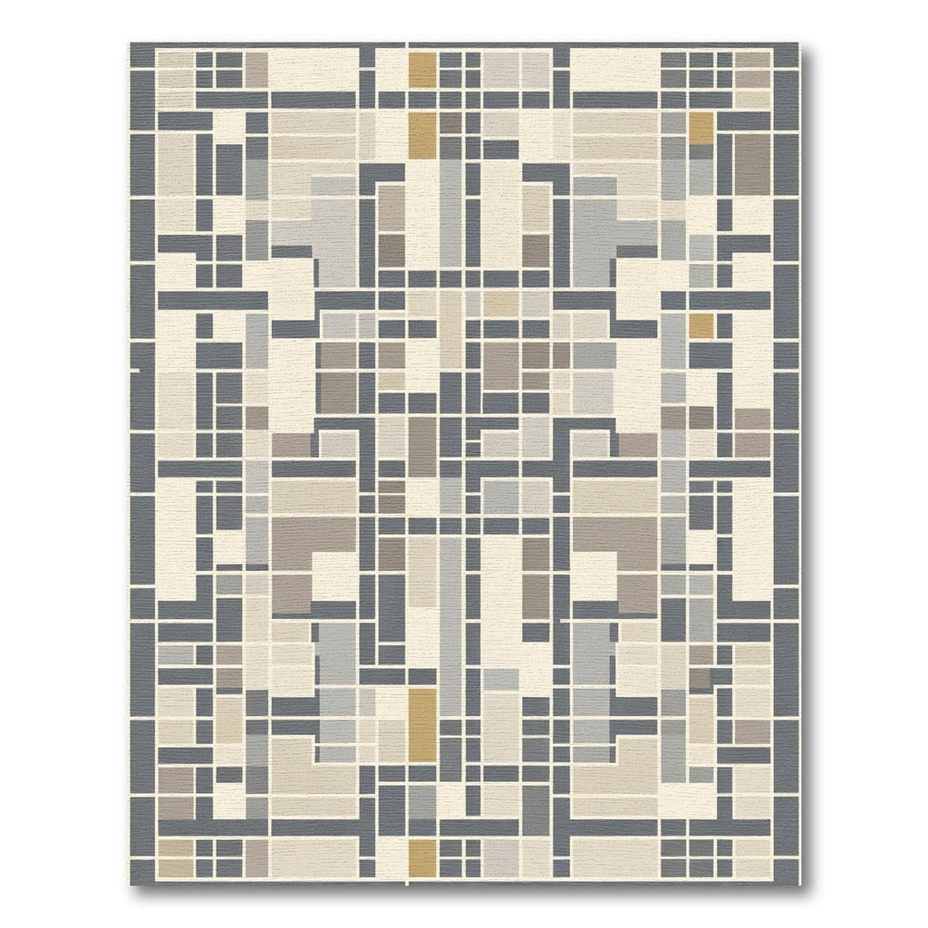 Geometric Tan Ochre Slate Rectangle Grid Rug