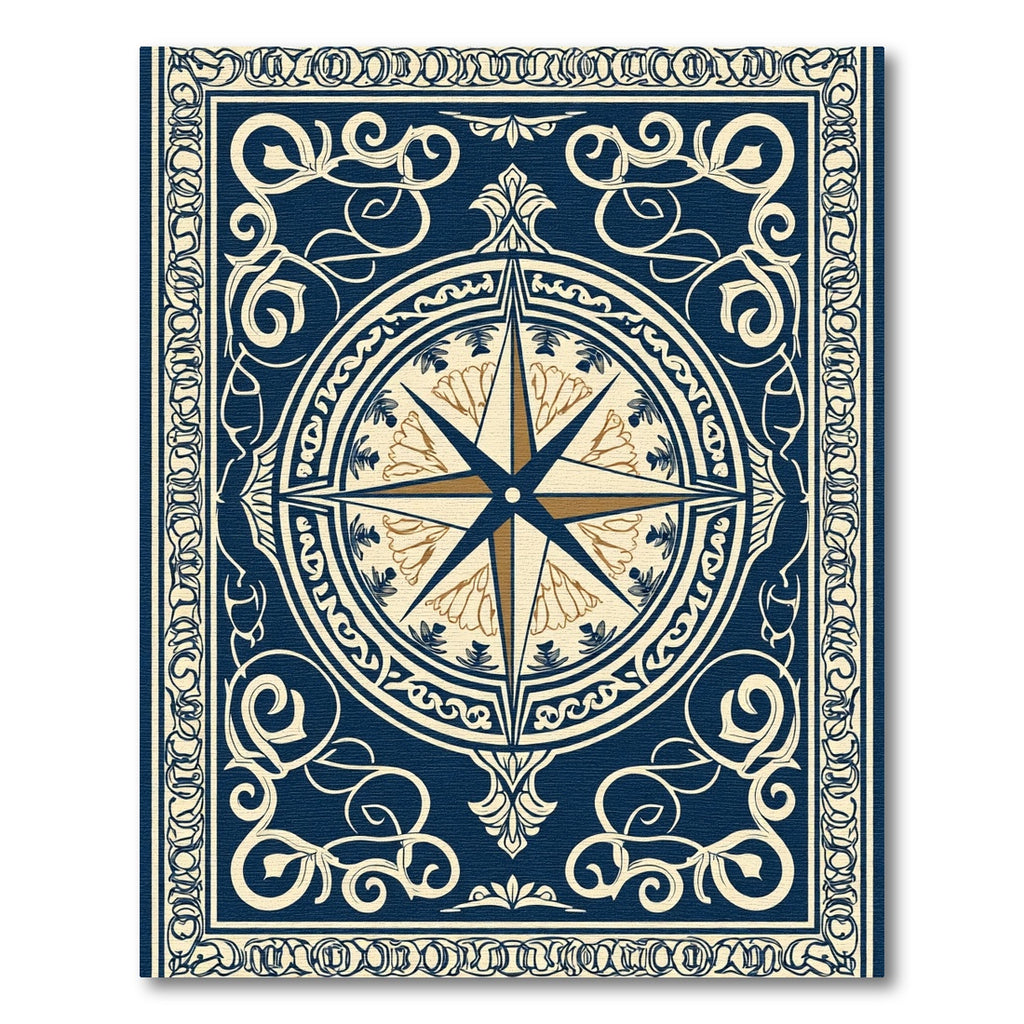 Navy Gold Compass Medallion Border Rug