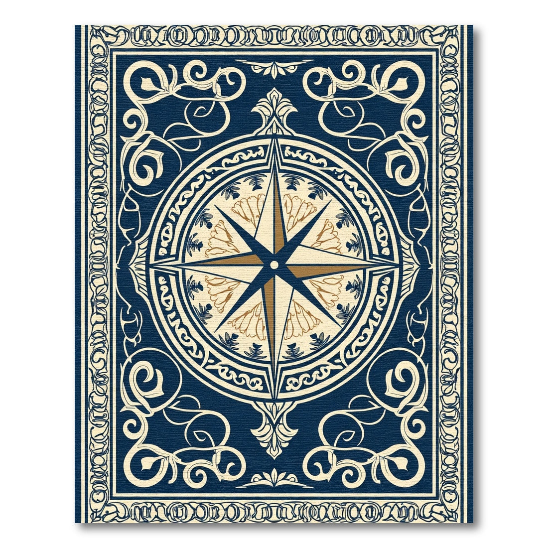 Navy Gold Compass Medallion Border Rug