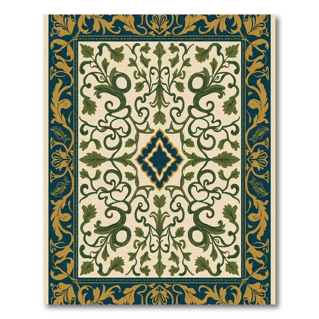 Deep Teal Gold Green Vine Medallion Rug