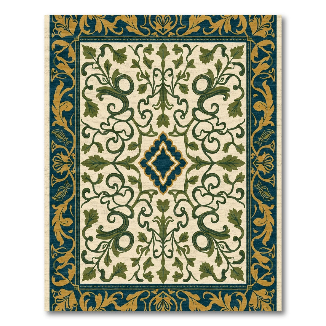 Deep Teal Gold Green Vine Medallion Rug