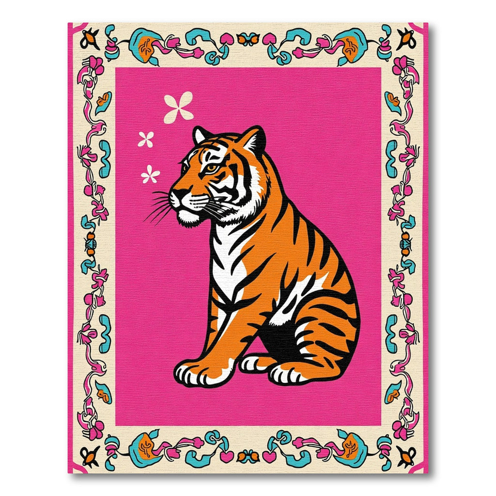 Vibrant Pink Feline Floral Frame Rug