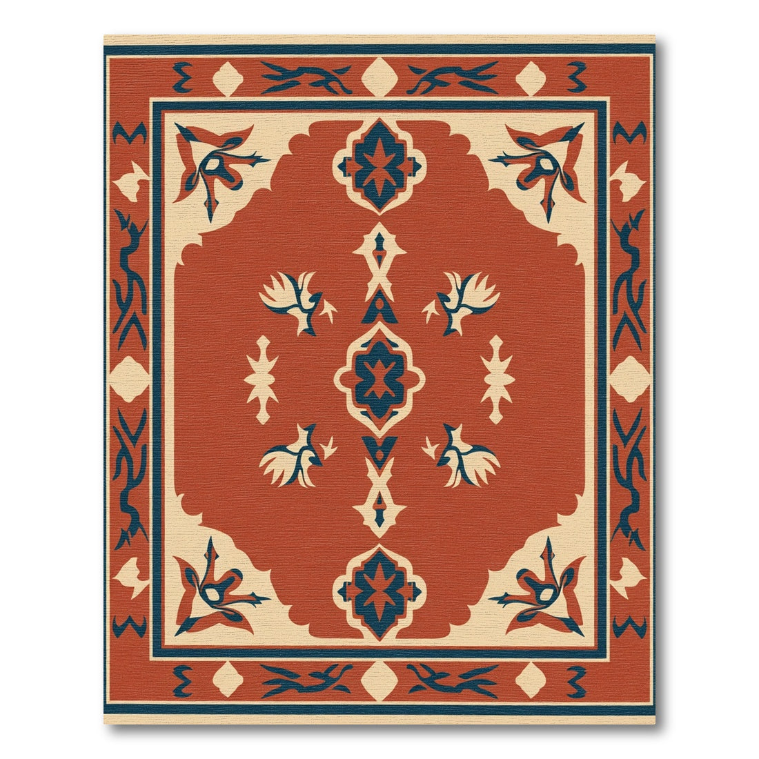 Crimson Blue Floral Medallion Border Rug