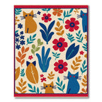 Whimsical Orange Blue Cat Floral Ivory Rug