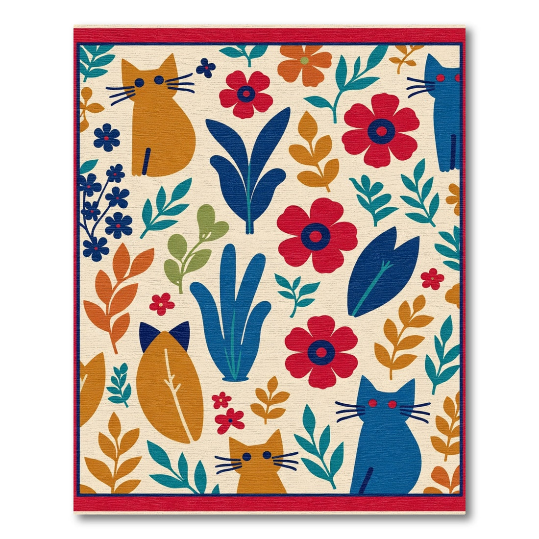 Whimsical Orange Blue Cat Floral Ivory Rug