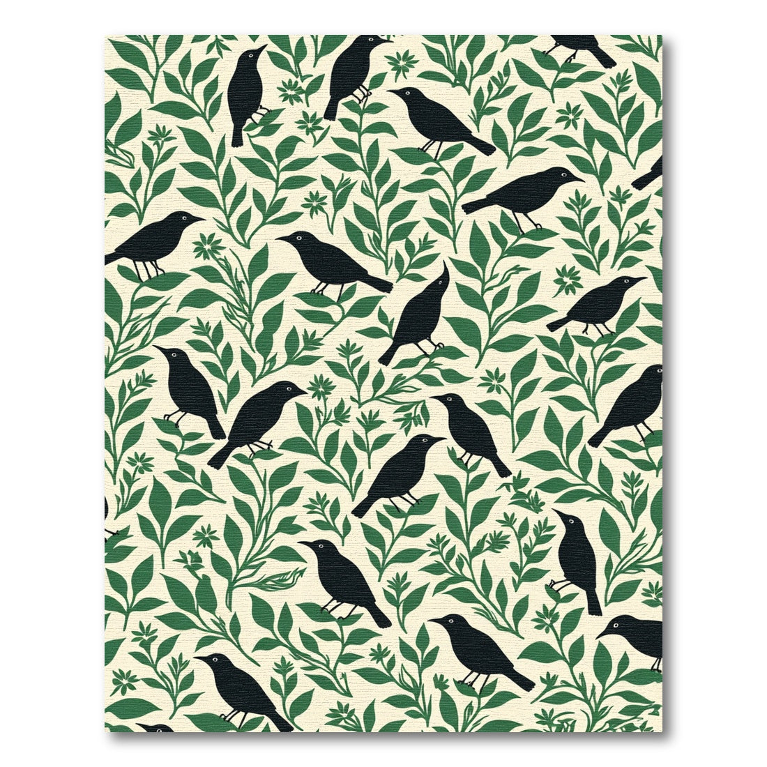 Black Birds Green Foliage Cream Background Rug