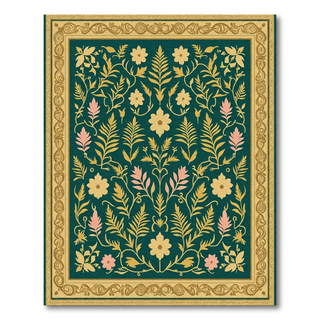 Teal Gold Pink Floral Garden Medallion Rug