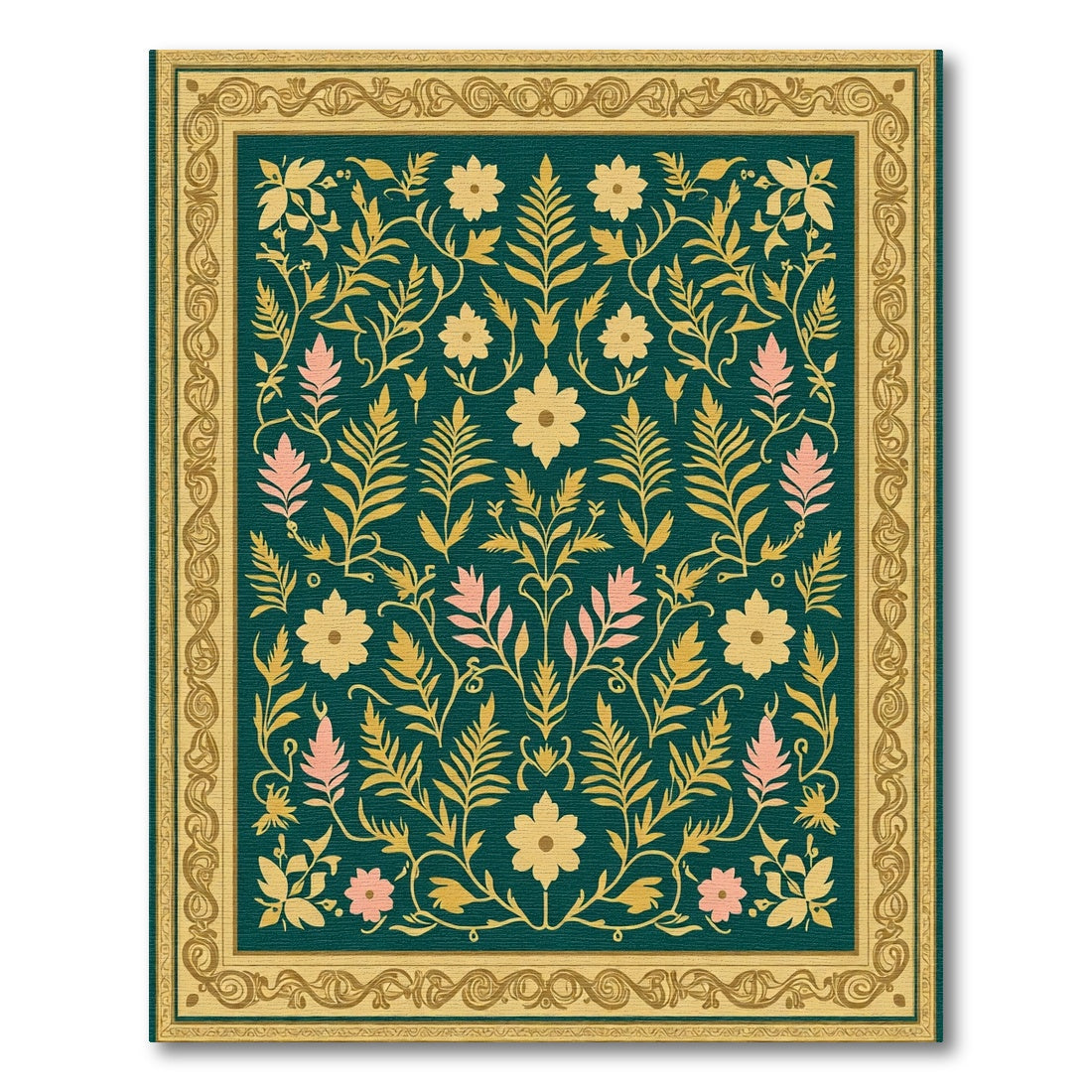 Teal Gold Pink Floral Garden Medallion Rug