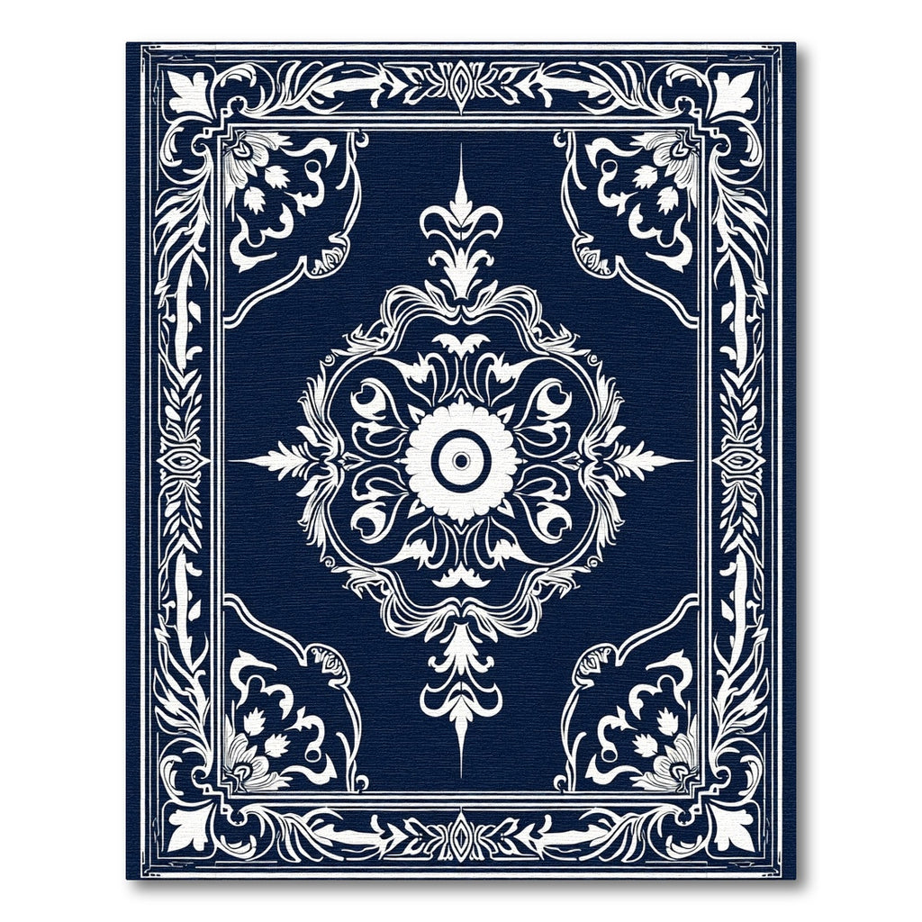 Navy White Floral Intricate Border Rug
