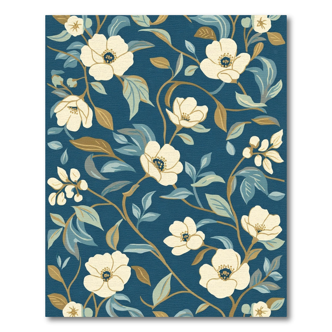 Cream Blossom Vines on Deep Blue Rug