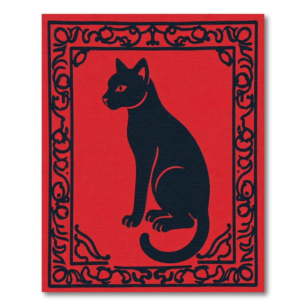 Bold Black Cat Red Border Rug