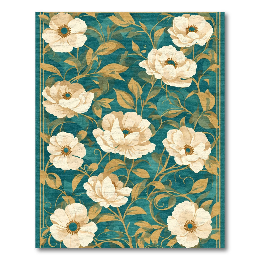 Teal Cream Floral Garden Rug