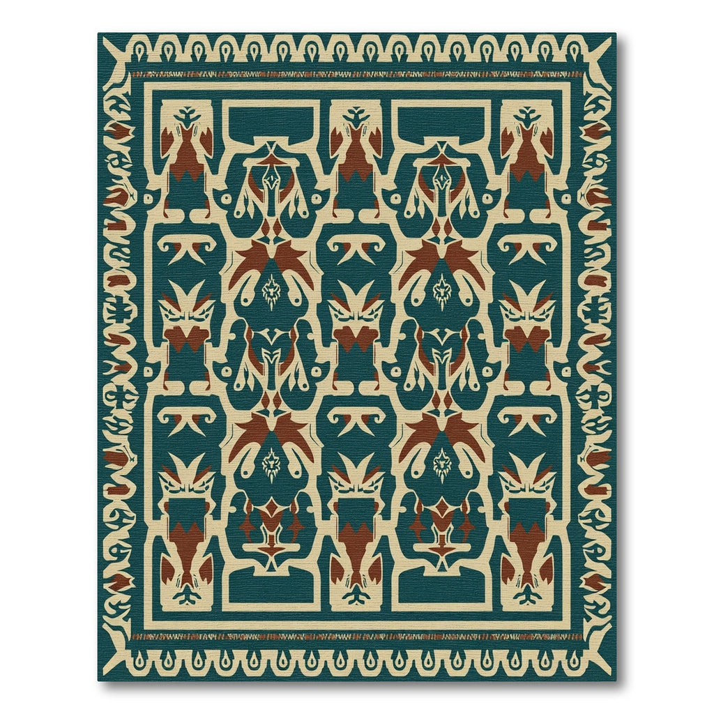 Deep Teal Brown Geometric Figural Rug