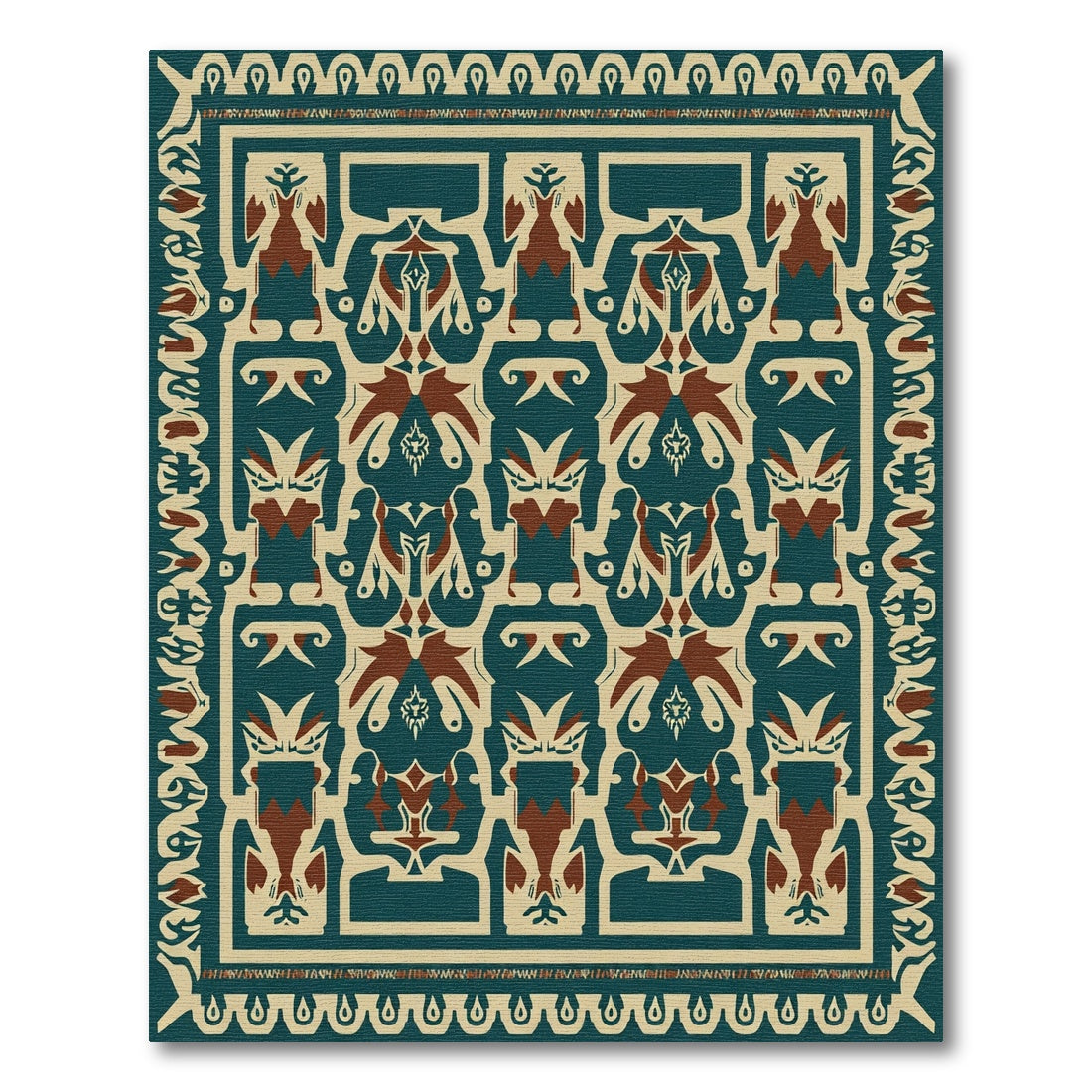 Deep Teal Brown Geometric Figural Rug