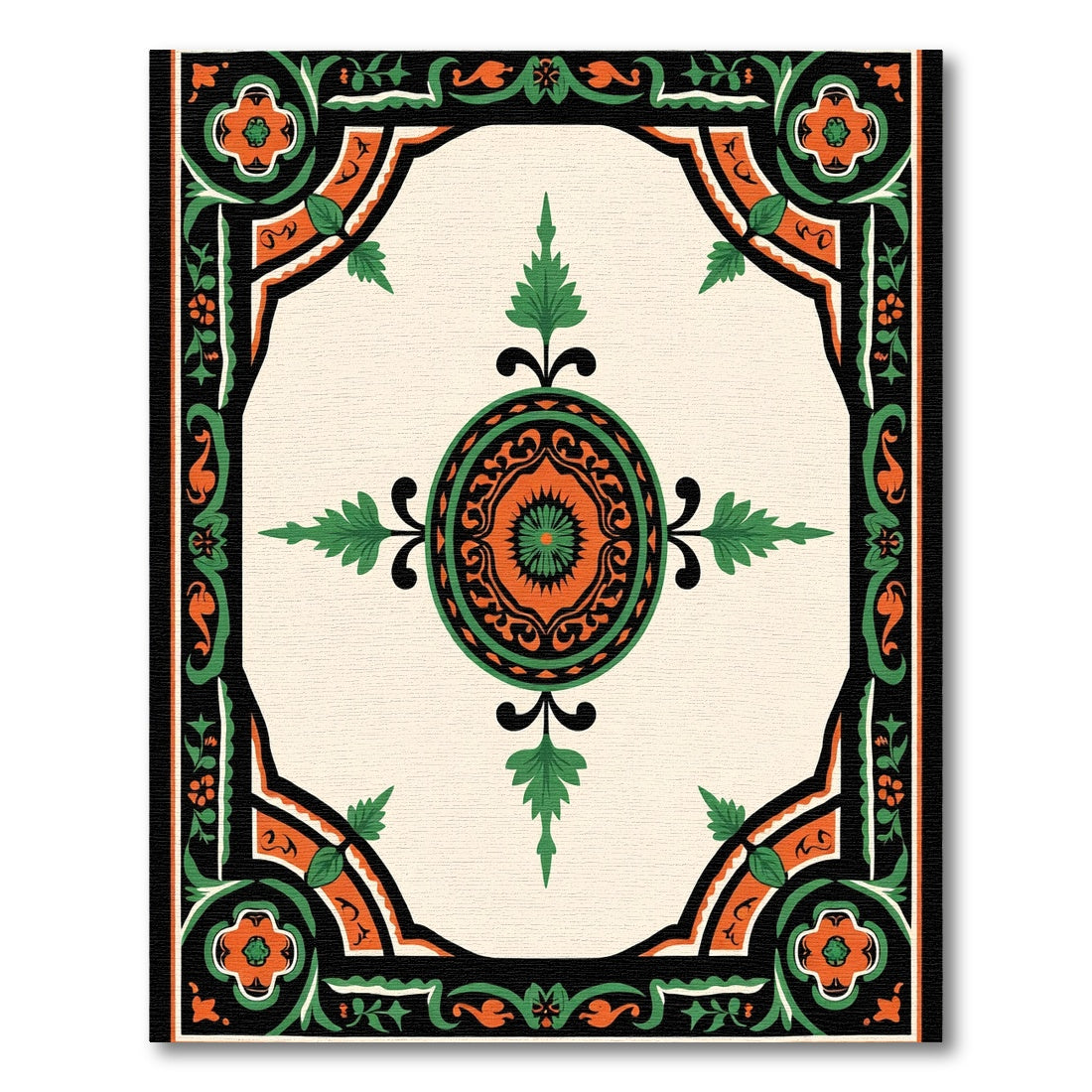 Cream Orange Green Floral Medallion Rug