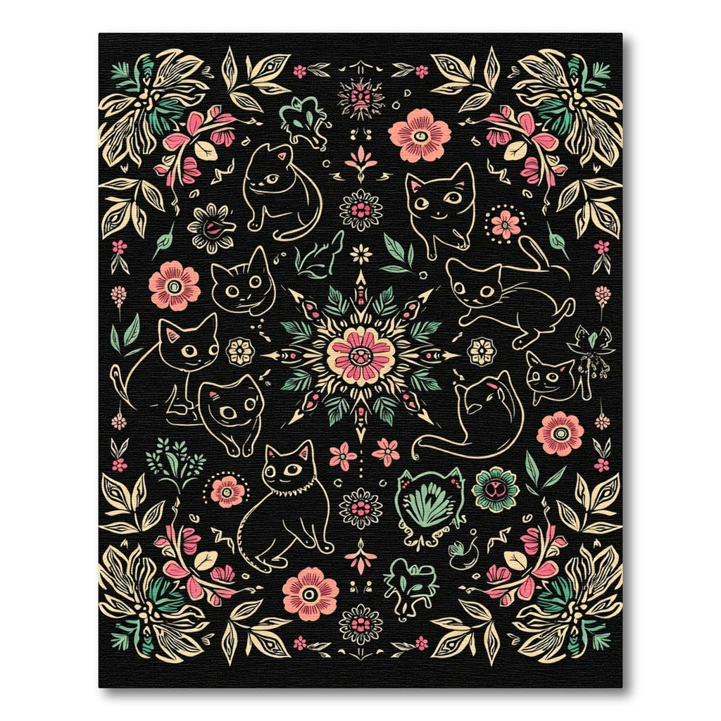 Whimsical Black Floral Cat Medallion Rug