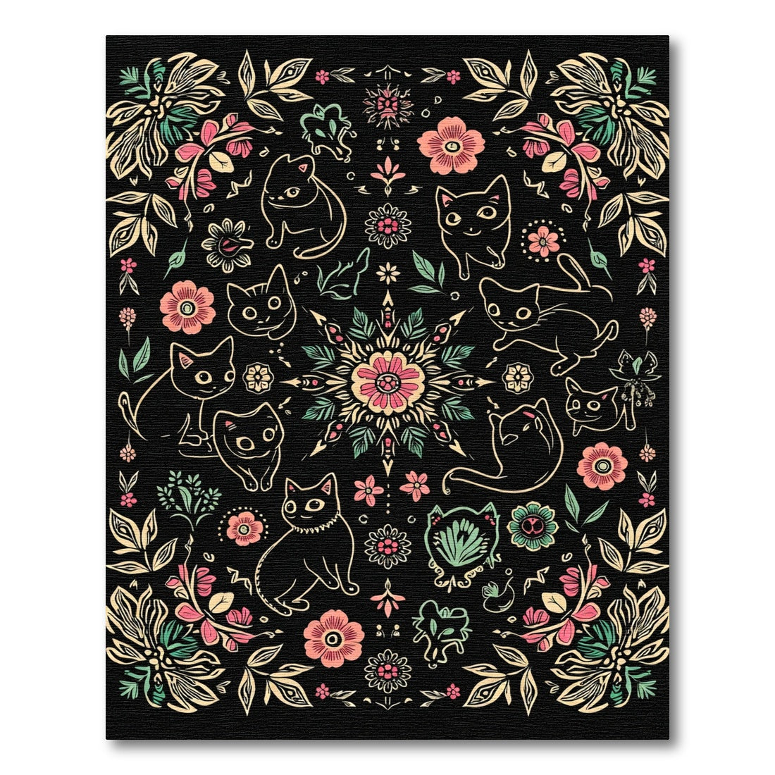 Whimsical Black Floral Cat Medallion Rug
