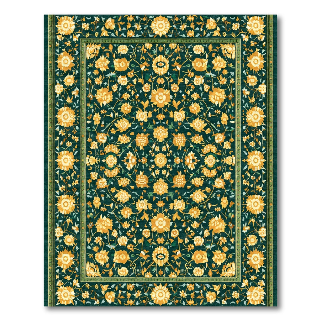 Vivid Yellow Floral Vines Emerald Border Rug