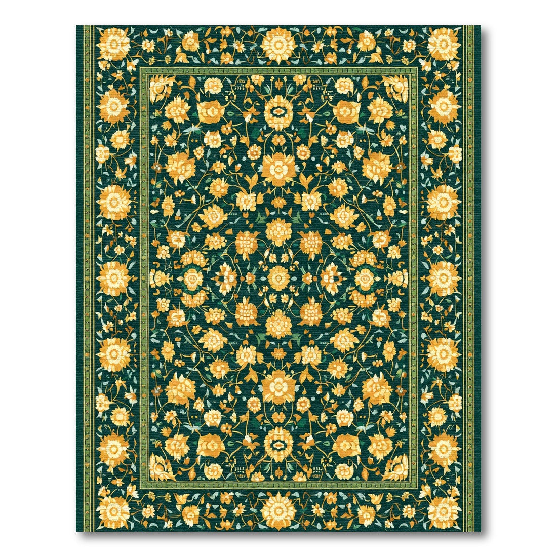 Vivid Yellow Floral Vines Emerald Border Rug