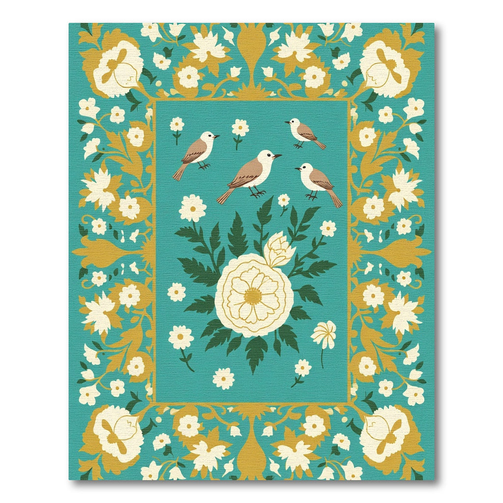 Teal Golden Floral Birds Medallion Rug