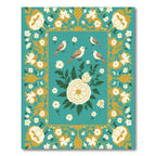 Teal Golden Floral Birds Medallion Rug