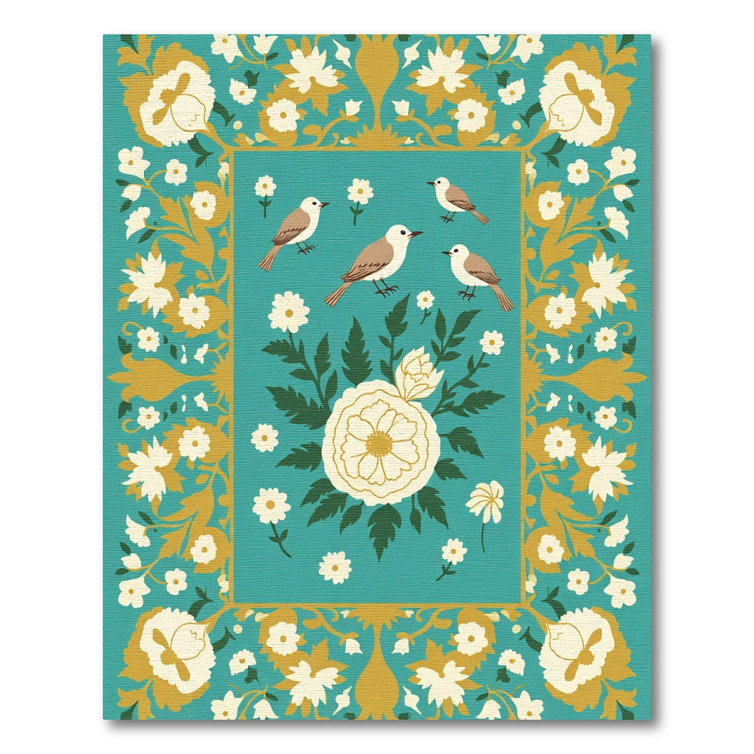 Teal Golden Floral Birds Medallion Rug