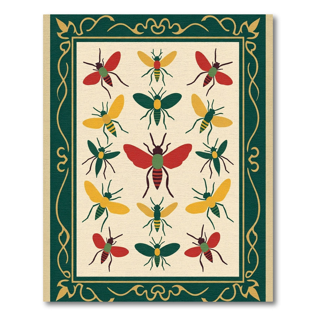 Crimson Gold Green Bee Medallion Frame Rug