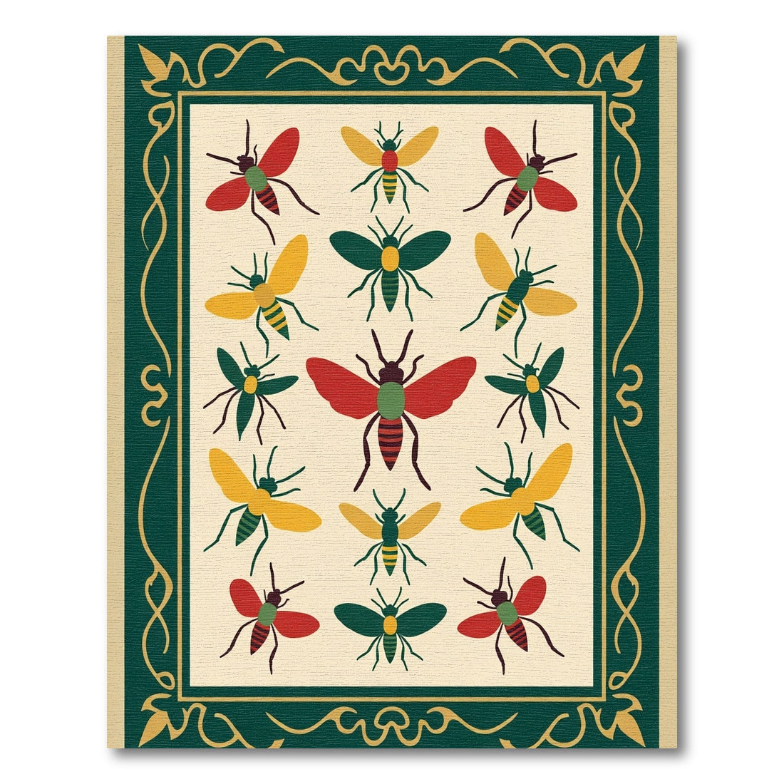Crimson Gold Green Bee Medallion Frame Rug