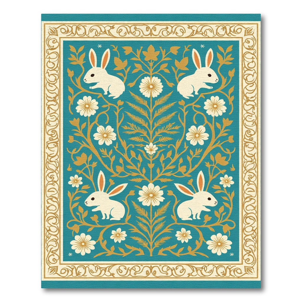 Turquoise Floral Bunny Art Rug