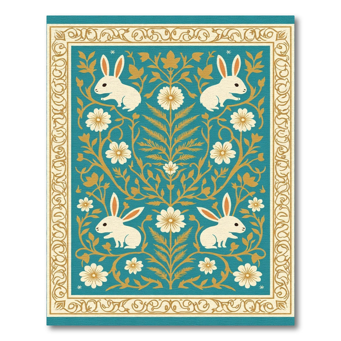 Turquoise Floral Bunny Art Rug