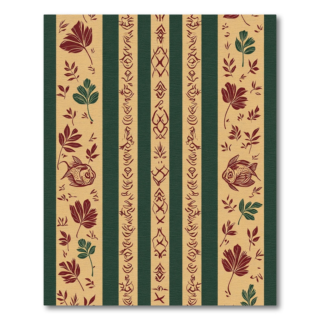 Crimson Green Striped Fish Botanical Rug