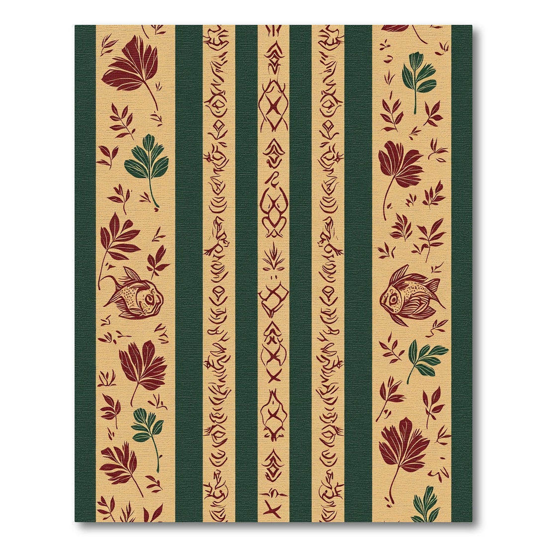 Crimson Green Striped Fish Botanical Rug