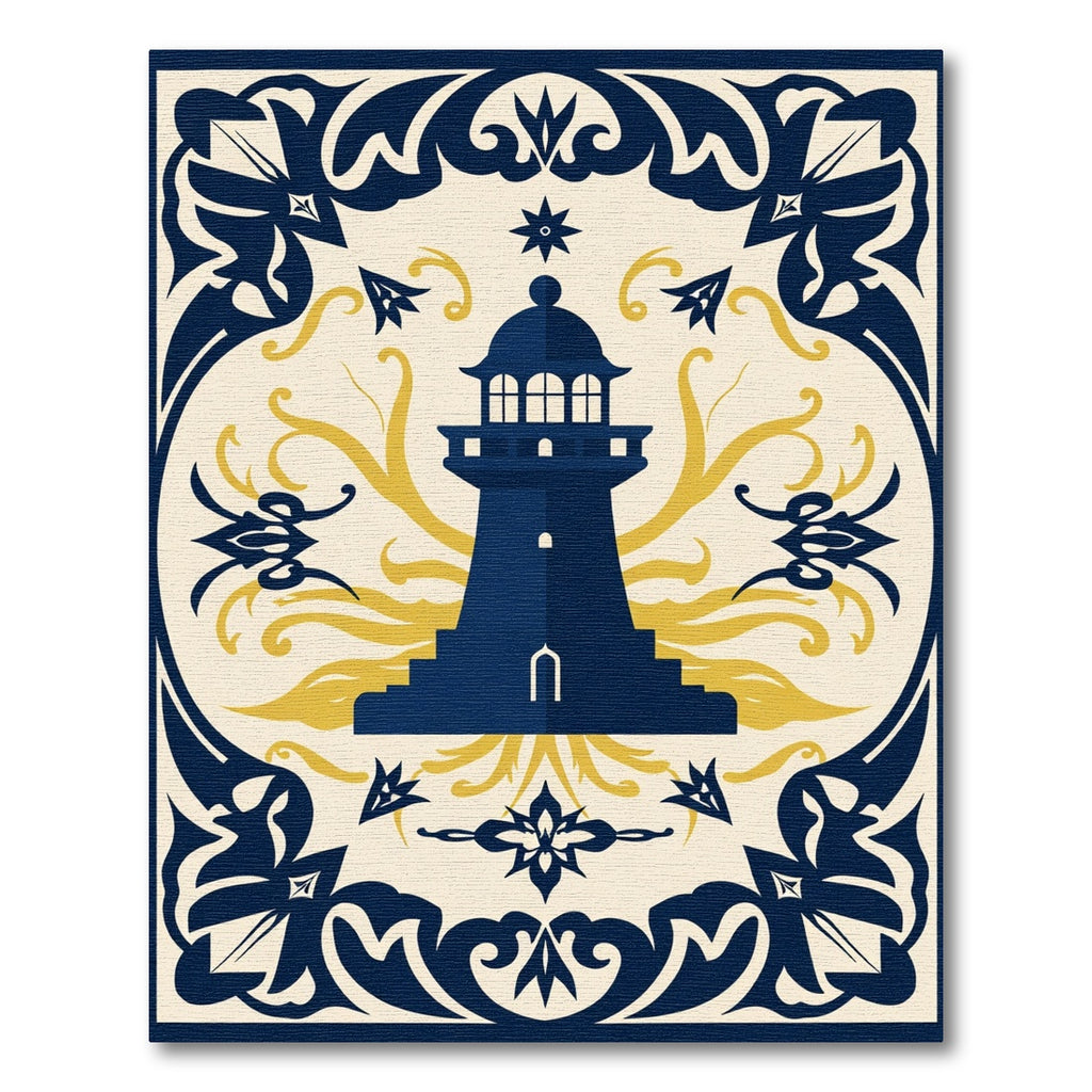 Naval Blue Yellow Lighthouse Motif Rug