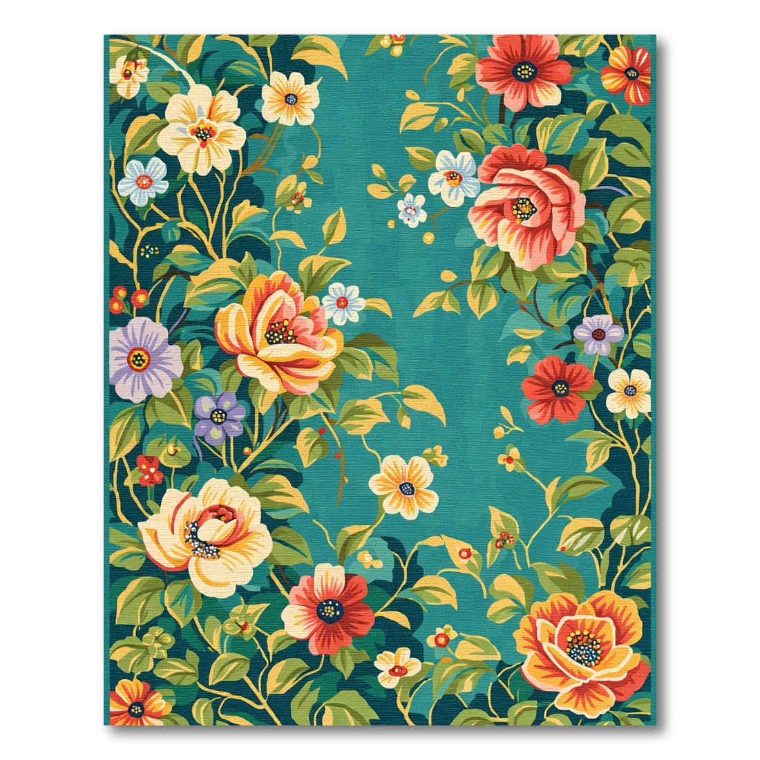 Vintage Teal Floral Garden Bouquet Rug