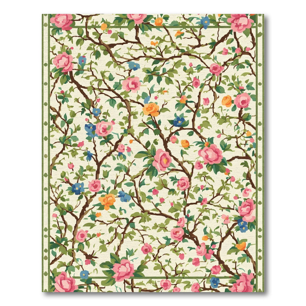 Pink Floral Garden Vine Border Rug