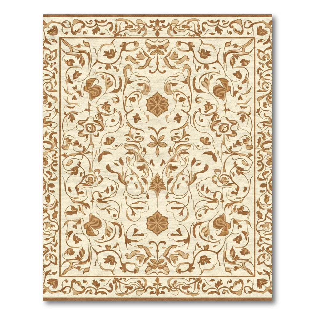 Cream Brown Floral Filigree Border Rug