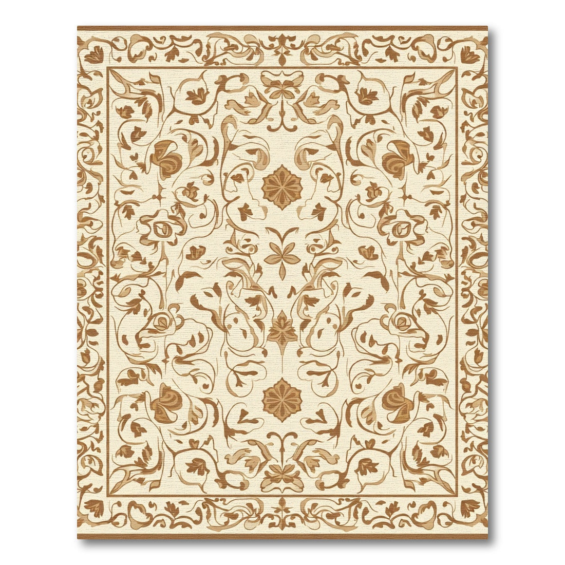 Cream Brown Floral Filigree Border Rug