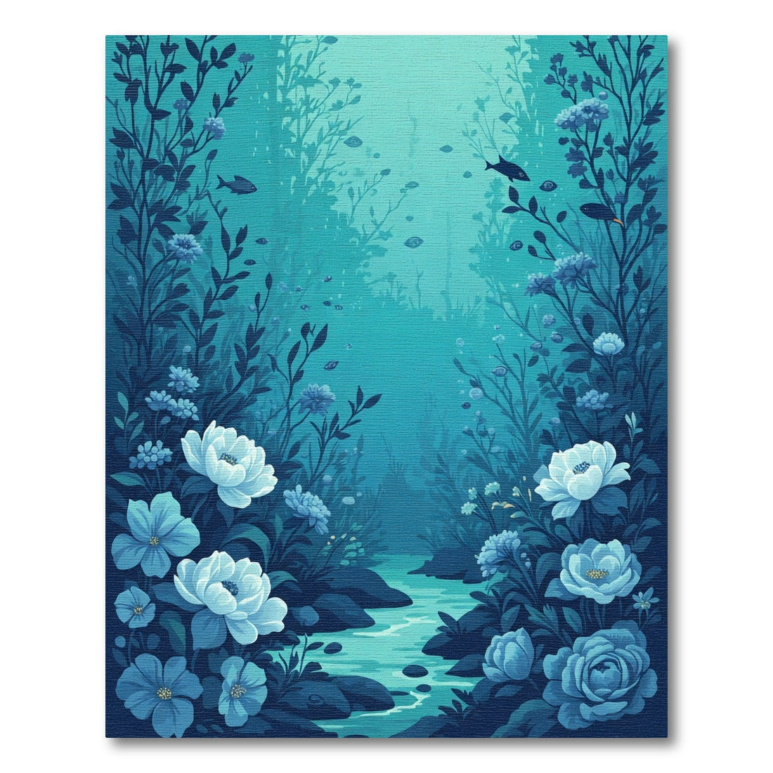 Deep Blue Underwater Floral Garden Rug
