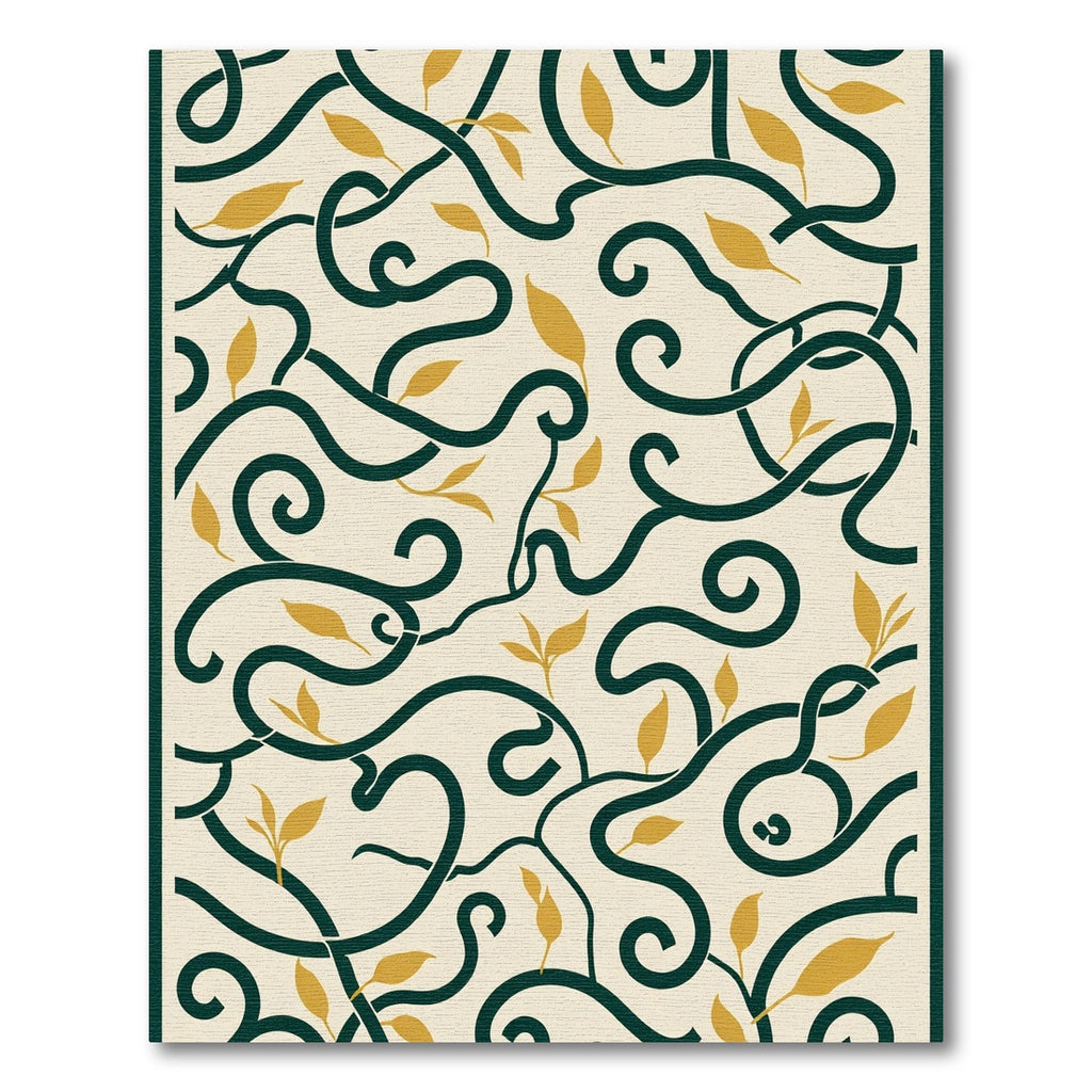 Cream Green Golden Leaf Vine Rug
