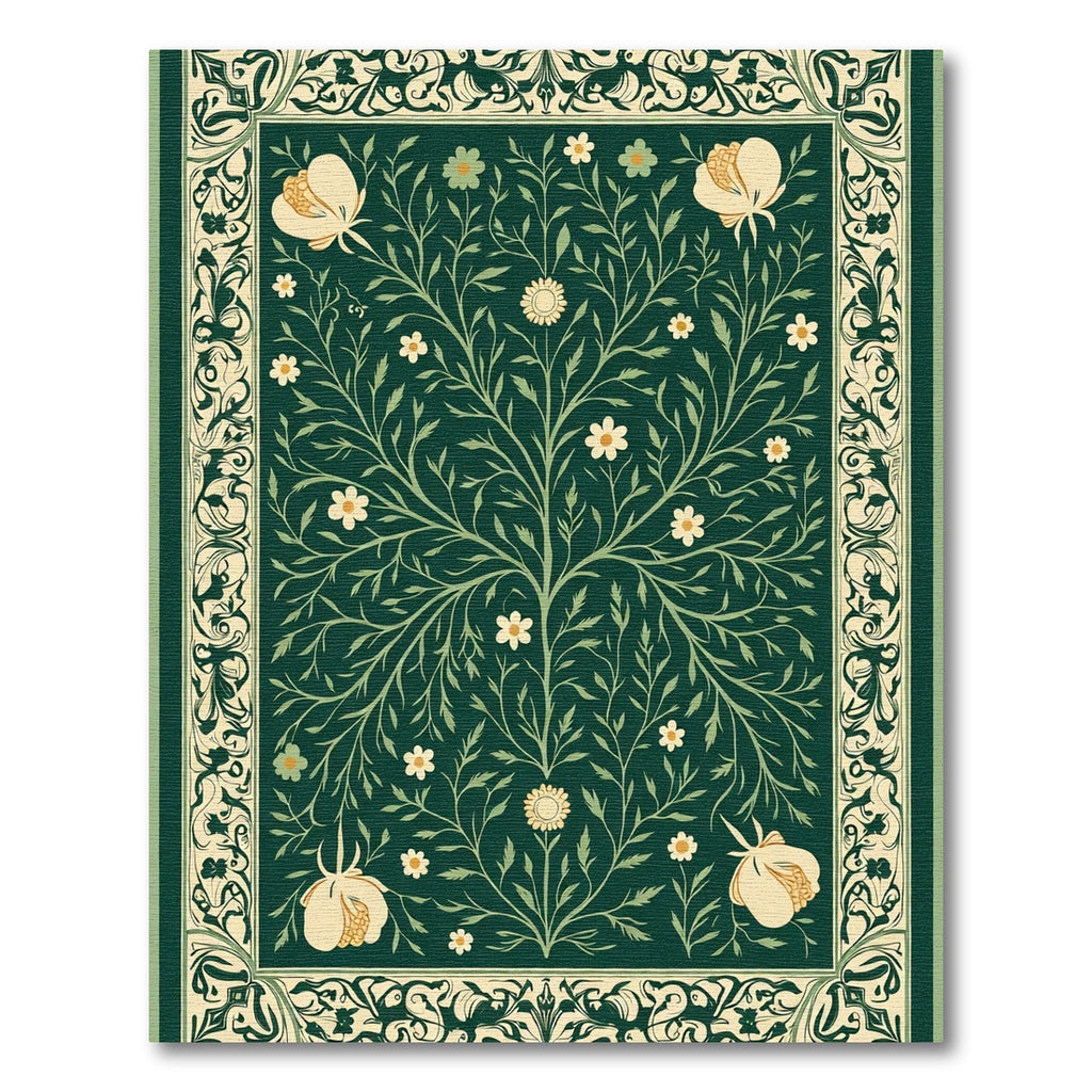 Green Floral Tree Border Rug