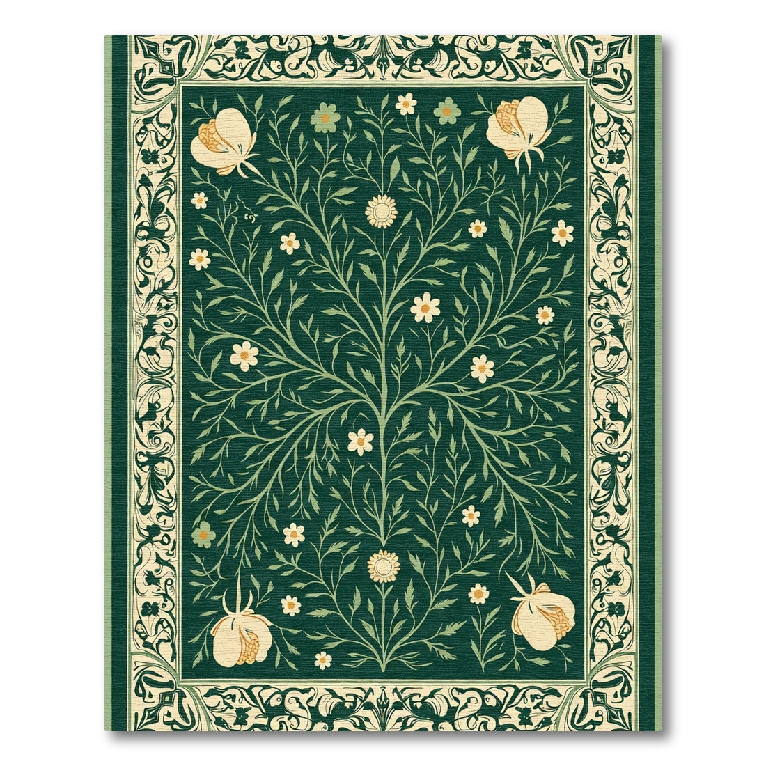 Green Floral Tree Border Rug