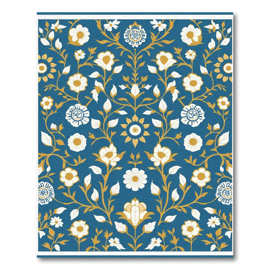 Deep Blue White Gold Floral Vine Rug