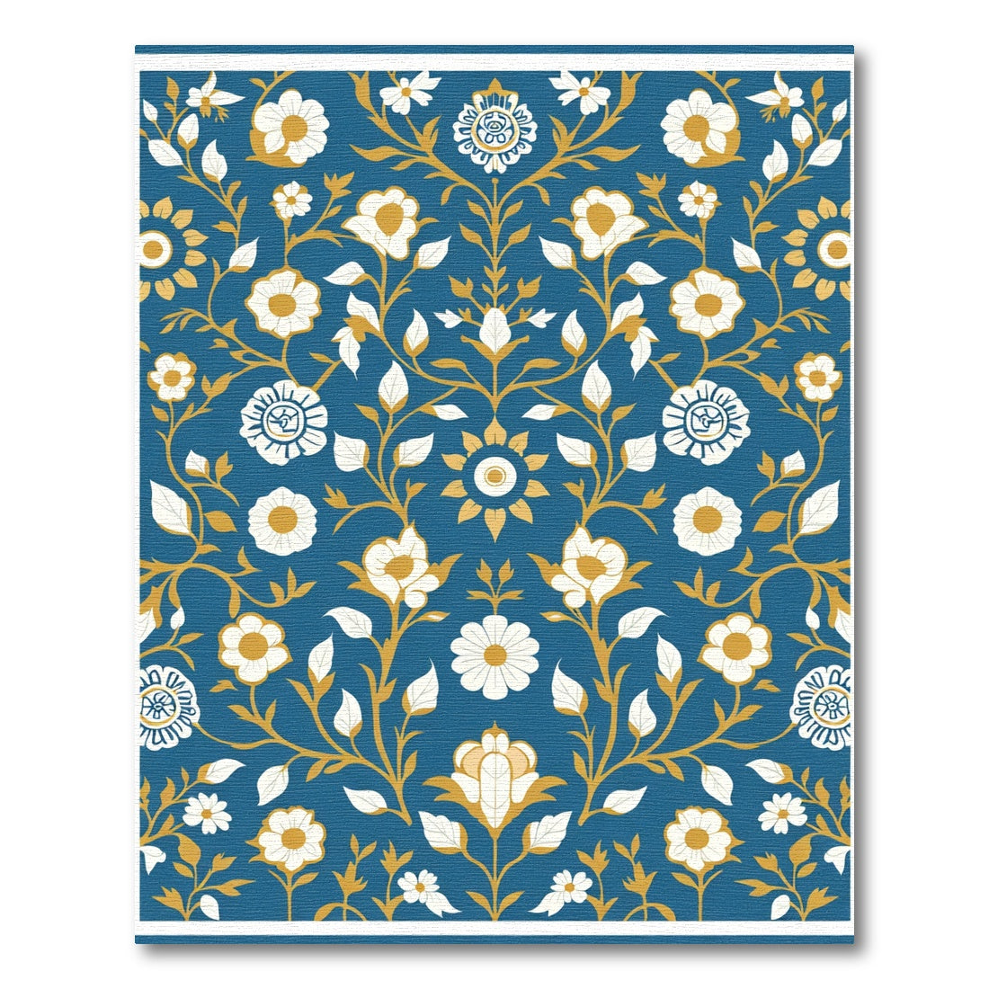 Deep Blue White Gold Floral Vine Rug