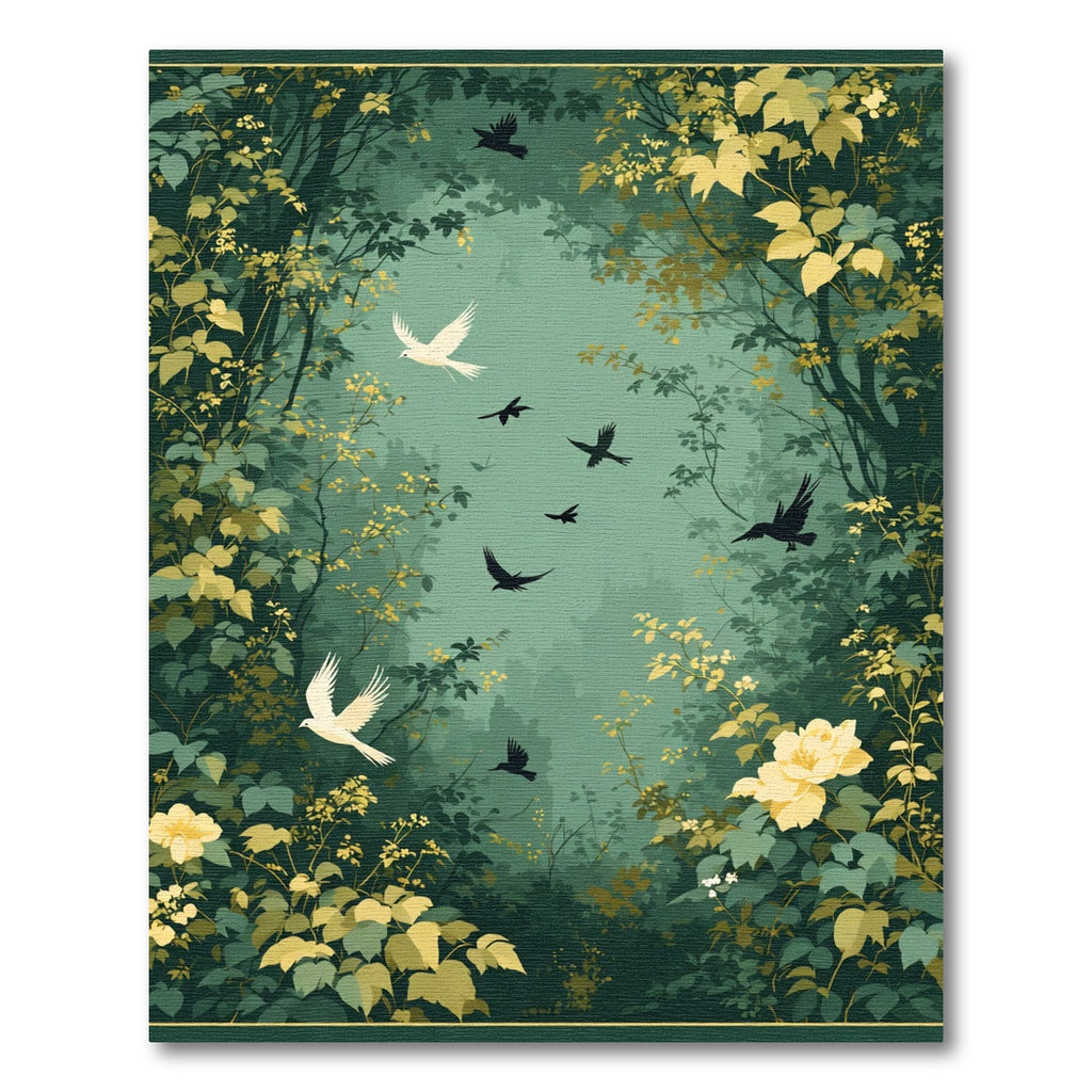 Emerald Forest White Birds Floral Scene Rug