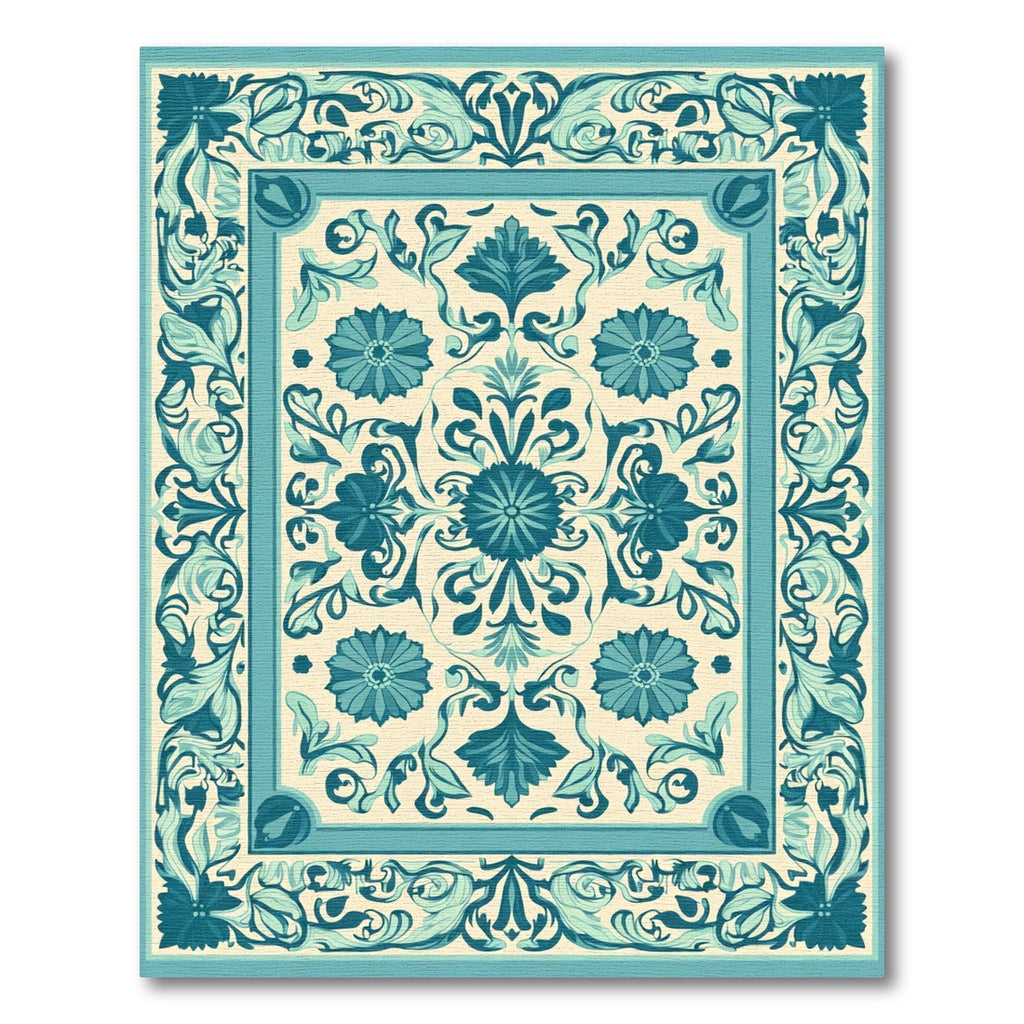 Turquoise Cream Floral Scrollwork Medallion Rug